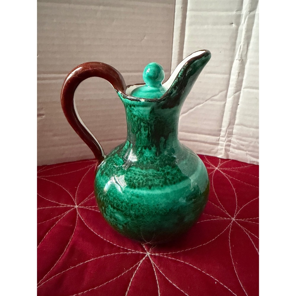 Vintage PV Italy Green Drip Glaze Ceramic Oil Cruet Pitcher Stopper 06 466